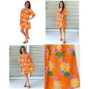Beulah Style Dress Womens 1 Orange Floral Square Neck Button Front Puff Sleeve